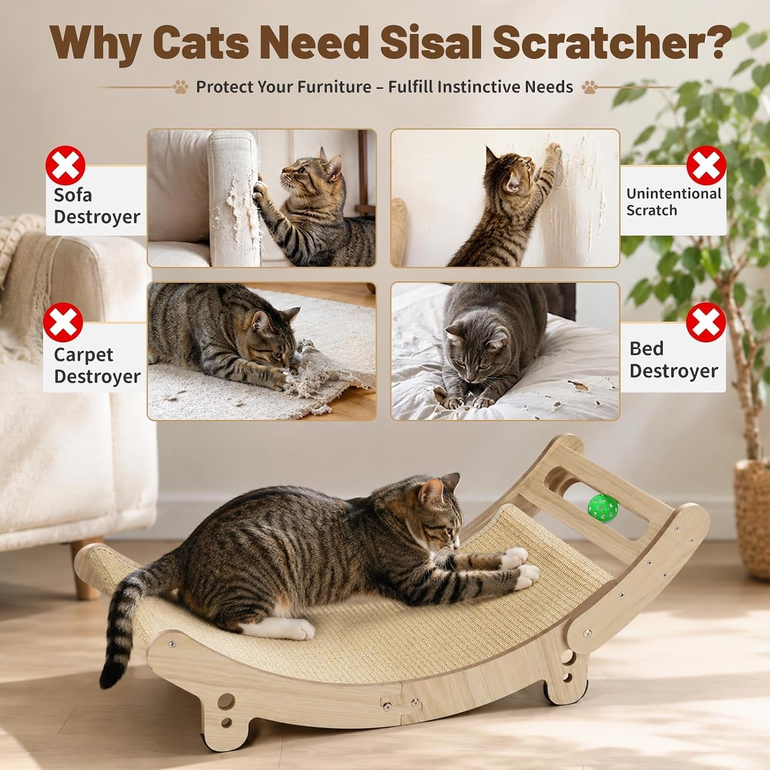 31-5-sisal-cat-scratcher-bed-with-bell-balls-wooden-cat-furniturexxl-cat-scratching-post-for-indoor-cats-hammock-natural-sisal-cat-scratch-anti-slip-and-stable-without-shaking-easy-to-install