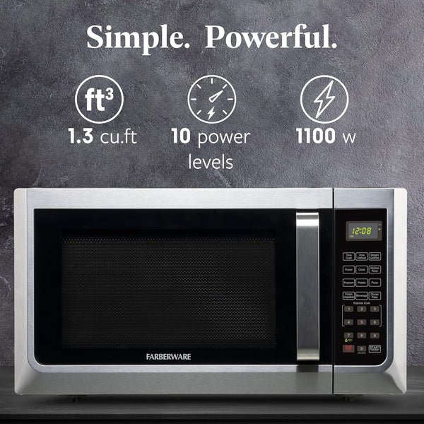1.3 Cu. Ft. Countertop Microwave Oven – 1100 Watts Power, Auto Cook Settings, Defrost, Easy Clean and Child Safety Lock - Stainless2