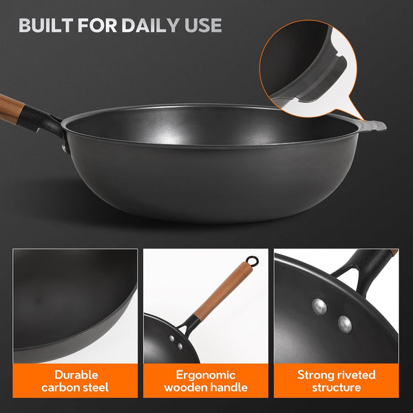 11.8-Inch Carbon Steel Wok, Pre-Seasoned with Advanced Nitriding Technology, Flat Bottom Stir Fry Pan, Lightweight Nonstick Surface, All Cooktops Compatible for Stir Fry, Pan-Fry, Steam, BBQ & Camping8