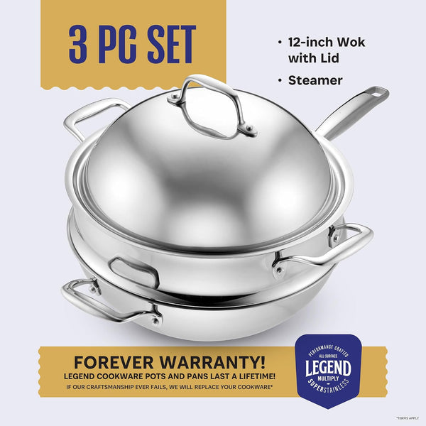 5-Ply Stainless Steel Wok Set, 12-Inch 5-Quart with Lid and Steamer - Induction Compatible, Oven Safe 800°F - Non-Toxic, No Coatings - Even Heating - Built to Last Generations4