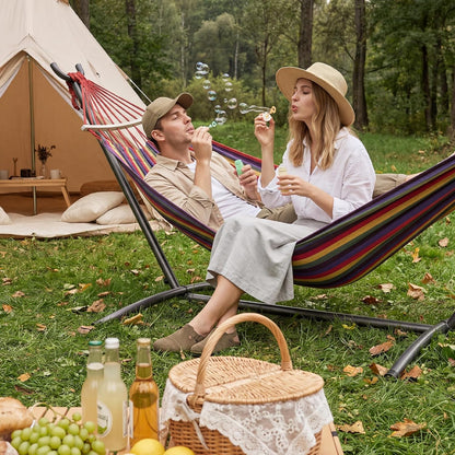 Double Hammock with Stand for 2 Person, 600 Lbs Heavy Duty Cotton Bed with Steel Stand, Free Standing for Outdoor Indoor Patio, Carrying Bag Included9
