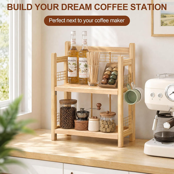 No-Assembly Coffee Bar Organizer, 2-Tier Coffee Station Shelf | Foldable Oak Wood Shelf, Coffee Station Accessories Storage for Syrup & Pod, 3 Hooks for Mugs, Kitchen Condiment Rack Natural7