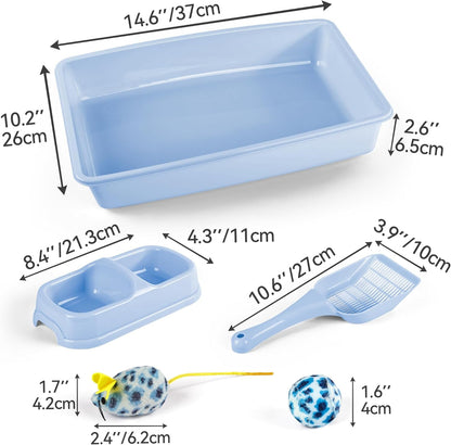 Blue Cat Litter Box Set, Small Cat Kitten Starter Kit with Litter Scoop, Cat Bowl, Kittens Toy; Heated Cat Bed Indoor, Microwavable Heating Pads for Cats with 2 Cozy Covers3