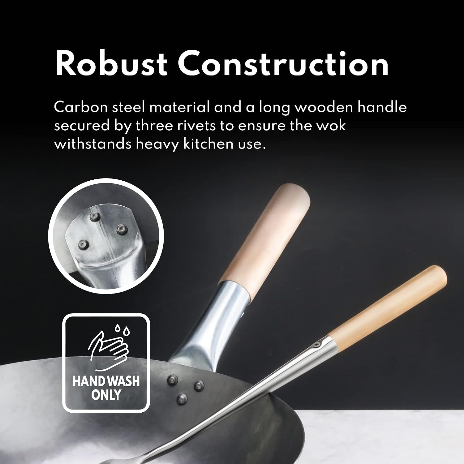 carbon-steel-wok-set-14-round-bottom-hand-hammered-with-wood-and-steel-helper-handle-includes-rack-ring-and-spatula-hand-wash-recommended