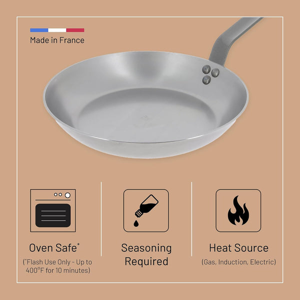MINERAL B Carbon Steel Fry Pan - 10.25” Diameter, 7.3” Cooking Surface - Ideal for Searing, Sauteing & Reheating - Naturally Non-Stick Finish - Made in France4
