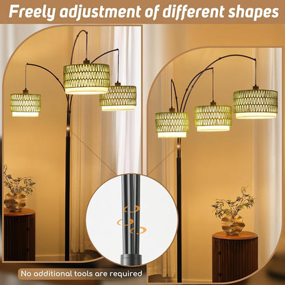 3-Light Arc Rattan Floor Lamp for Living Room,80'' Boho Tree Lamp | Heavy Natural Marble Base, 1/2/3-Light Rotary Switch,Double-Layer Green Wicker/Fabric Shades for Coastal Style,8 Ft+ Ceilings7