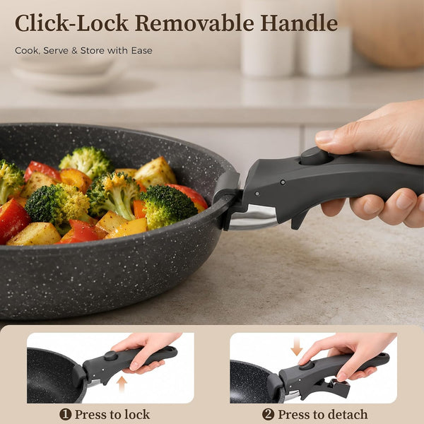 9Pcs Granite Nonstick Pots and Pans Set, Stackable, Oven Safe | Non-Toxic Cookware Set with Detachable Handle for Rvs, Camping, Pfos/Pfoa-Free Induction Compatible7