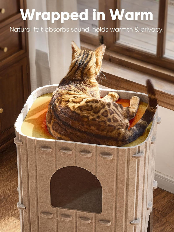 FUKUMARU Cat House for Indoor Cats, Warm Felt Cat Bed, Scratch Resistant | Large Cat Bed Cave, 3-In-1 Cat Condo, Cozy Felt Covered Cats Tunnel, 23.62 Inch Kitten Hideaway for Multicats, Beige5