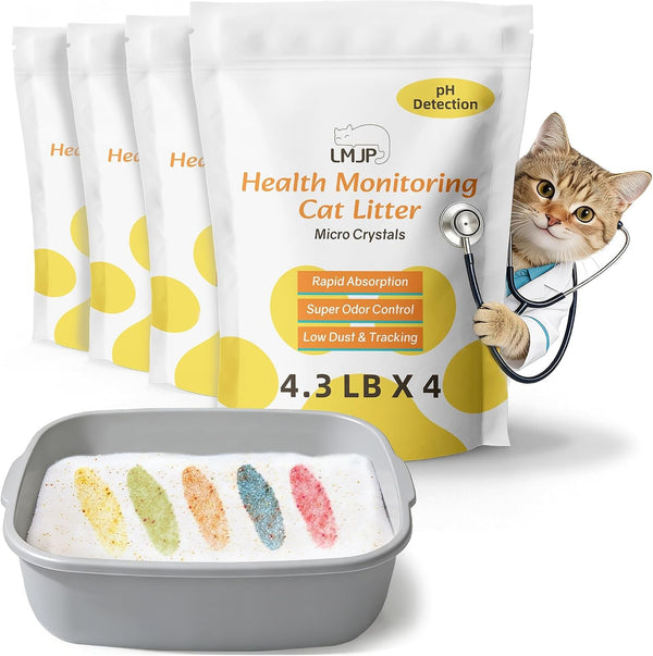 LMJP Crystal Cat Litter with Powerful Odor Control, Non-Clumping, Lasts up to 4 Months, 17.2Lb, Rapid Water Absorption, Unscented & Low Tracking Lightweight Blue & White Silica, 4 Pack of 4.3Lb13