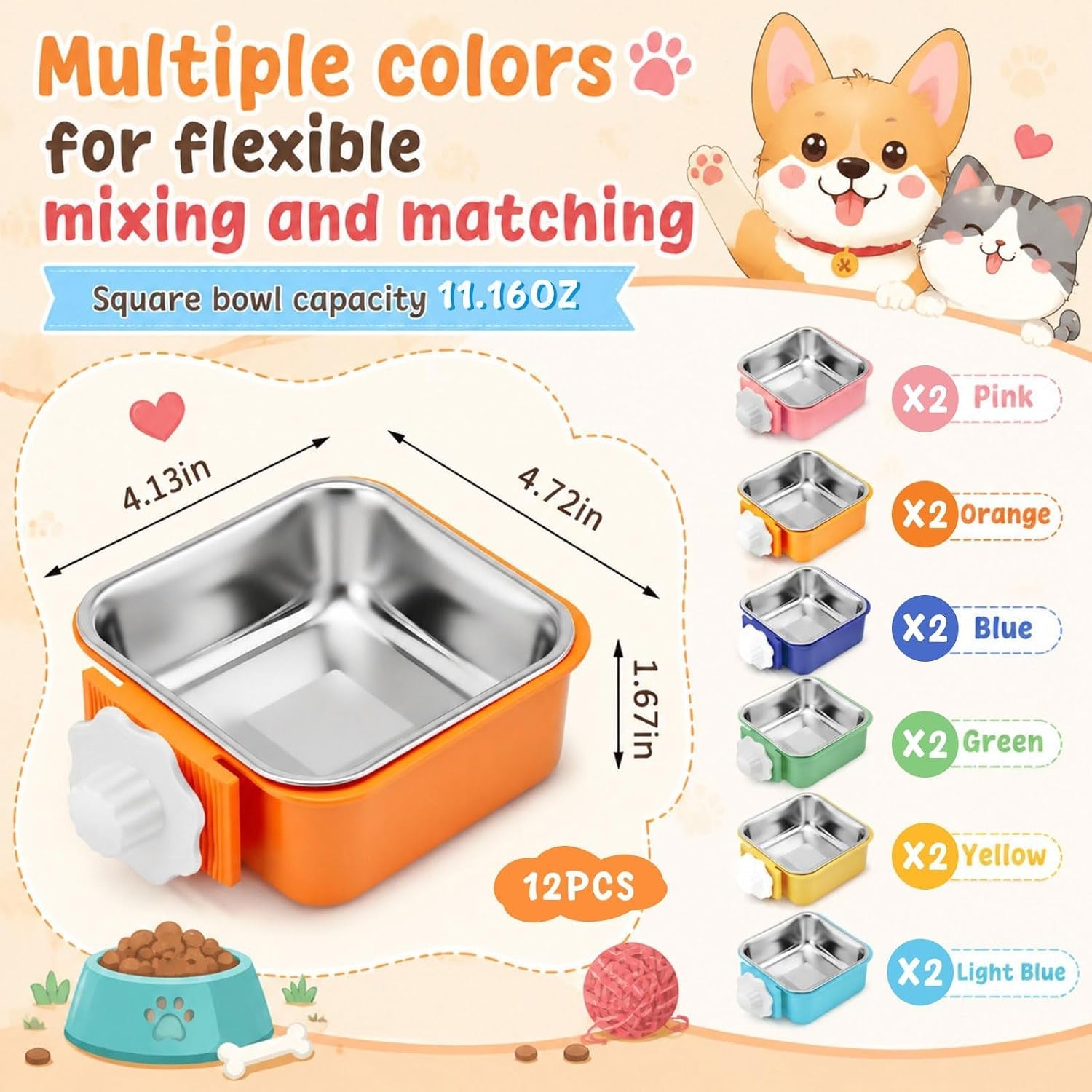lemonroad-12-pcs-dog-crate-water-bowl-bulk-no-spill-hanging-for-kennel-removable-stainless-steel-puppy-food-water-feeding-bowls-cage-coop-cup-for-dogs-cats-rabbits-birds-ferretsquare-bowl