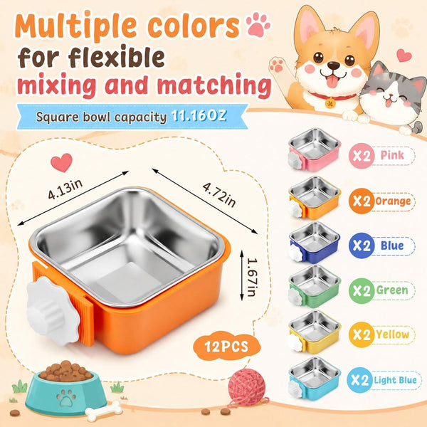 Lemonroad 12 Pcs Dog Crate Water Bowl Bulk No Spill Hanging for Kennel Removable Stainless Steel Puppy Food Water Feeding Bowls Cage Coop Cup for Dogs Cats Rabbits Birds Ferret(Square Bowl)2