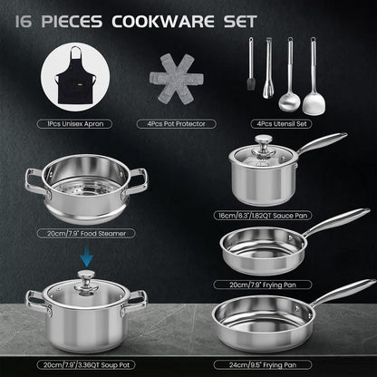 Pots and Pans Set Non Toxic, 16Pcs Stainless Steel Cookware Set with Steamer, Kitchen Induction Cookware with Utensil Sets, Pot Protectors and Apron for Oven & Dishwasher Safe2