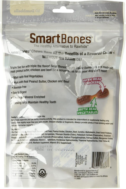 Smartbones Triple Flavor Dumbbells Rawhide-Free Dog Treats, 10 Count | with Real Peanut Butter, Chicken & Beef, Easy to Digest Chew with Vitamins & Minerals, Supports Dental Health, for Adult Dogs2