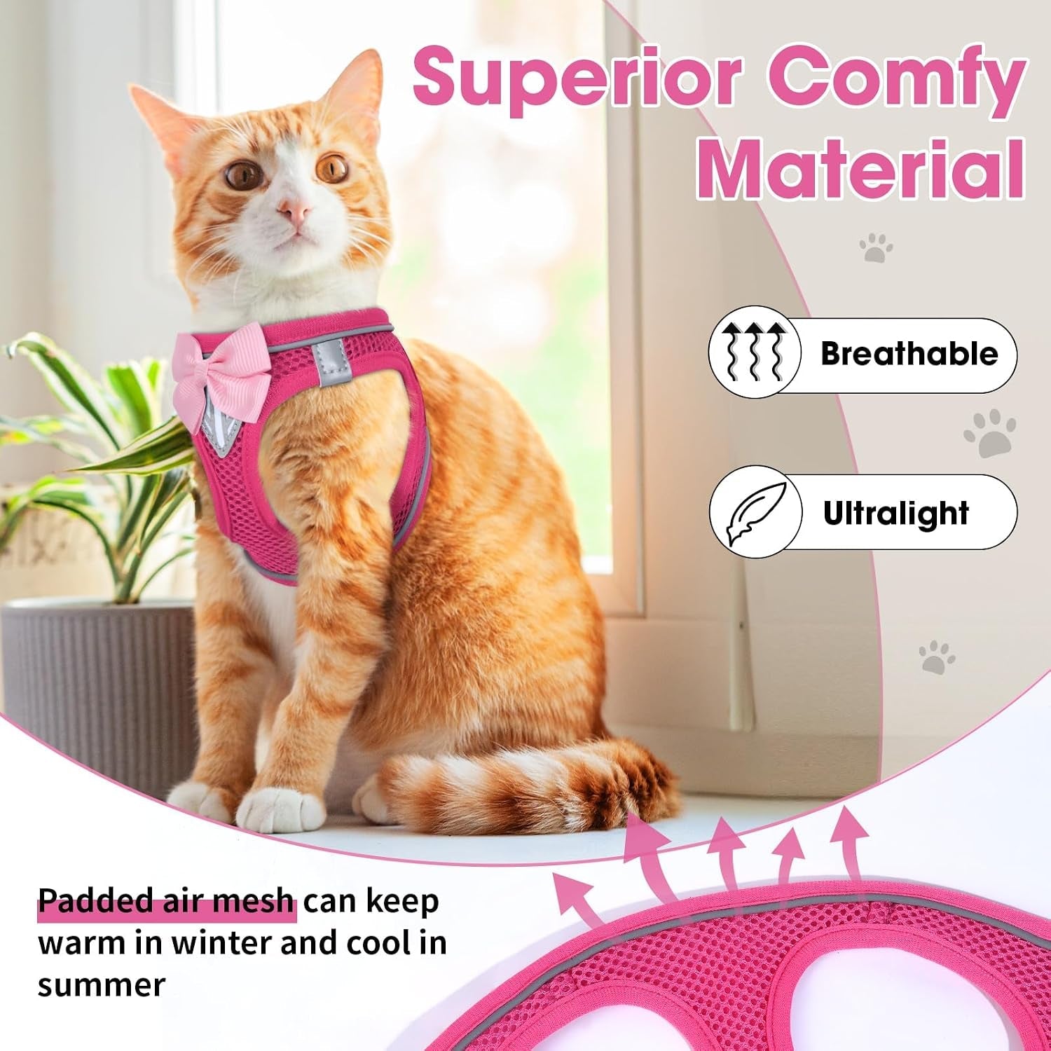 cat-vest-harness-and-leash-set-escape-proof-kitten-harness-pink-xs-safe-reflective-strips-adjustable-easy-wear-kitty-harness-sturdy-clip-buckle-breathable-mesh-for-kitty-puppy-bunny-walks