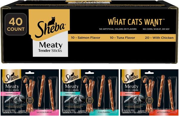 Sheba Meaty Tender Sticks Cat Treats, Chicken, Salmon, & Tuna, 70 Count | Chicken, Tuna & Salmon Flavor, Real Meat, Healthy Fats & Fatty Acids, Essential Amino Acids, Soft Texture, No Artificial Dyes17