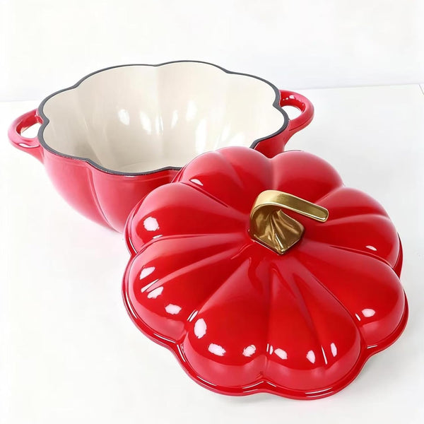 Pumpkin Cocotte with Lid & Handles,Pumpkin Dutch Oven Pot,Non Stick Pumpkin Pot,Serves 3-5,Enamel Cookware Crock for Porridge,Halloween Enamel Cast Iron Cooking Pot(Dark Red)5