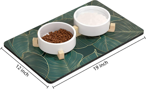 Rnivvi Dog Food Mat, 12" X 19" Flower Absorbent Dog Cat Bowl Mat for Food and Water, Cute Anti-Slip Rubber Pet Feeding Rug Protect Floors, Puppy Placemat for Feeding & Watering Supplies, Tropical2