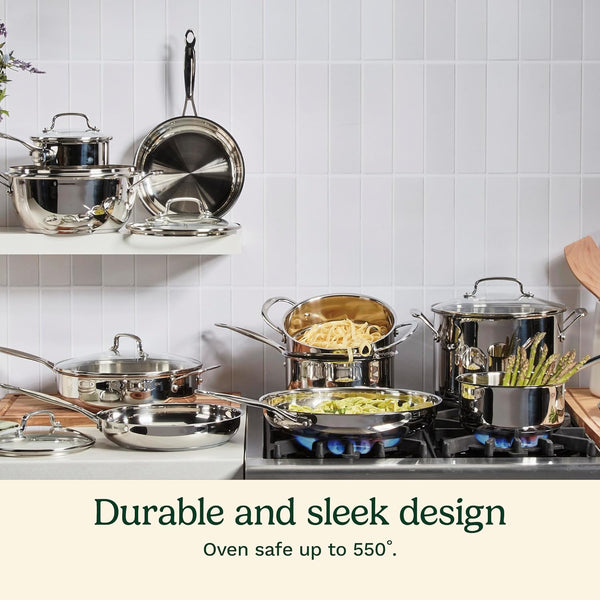 17-Piece Stainless Steel Cookware Set, Chef'S Classic Steel Collection with Pure Aluminum Core for Quick and Even Heat, Cool Grip Handles, Dishwasher Safe, 77-17N | Dishwasher-Safe Stainless Steel Pans and Pots with Riveted Handles & Aluminum Core for Even Heat, Oven Safe to 500°F, 77-17N2