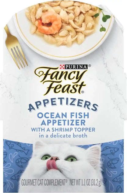 Purina Fancy Feast Lickable Appetizers Grain Free Wet Cat Food Topper Ocean Fish Appetizer with a Shrimp Cat Food Topper - (Pack of 10) 1.1 Oz. Trays1