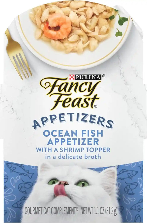 Purina Fancy Feast Lickable Appetizers Grain Free Wet Cat Food Topper Ocean Fish Appetizer with a Shrimp Cat Food Topper - (Pack of 10) 1.1 Oz. Trays1