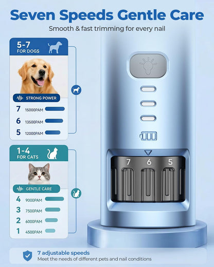 7-Speed Dog & Cat Nail Grinder with Light - Ring LED Safe to Avoid Overcut, Quiet Low Vibration & Powerful Fast, Cordless Rechargeable Toenail Trimmer for Small & Large Puppy & Breeds Paws(Blue)4