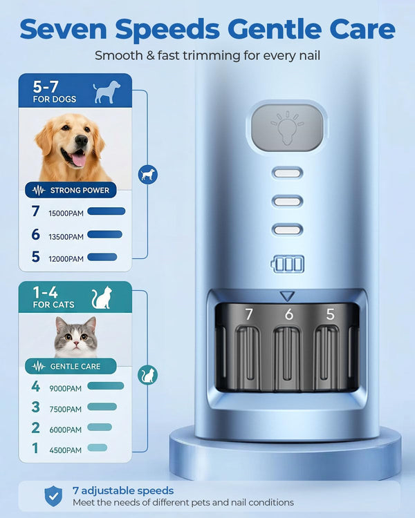 7-Speed Dog & Cat Nail Grinder with Light - Ring LED Safe to Avoid Overcut, Quiet Low Vibration & Powerful Fast, Cordless Rechargeable Toenail Trimmer for Small & Large Puppy & Breeds Paws(Blue)4