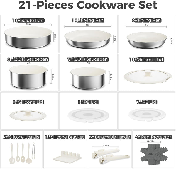 21PCS Pots and Pans Set Non Stick, Ceramic & Stainless Steel Cookware Set with Detachable Handles, Induction Cookware, Oven/Dishwasher Safe, Frying Pans with Kitchen Essentials, Beige White2