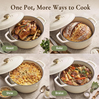 Enameled Cast Iron Dutch Oven - 5.5QT Pot with Lid Cookbook & Cotton Potholders - Heavy-Duty Cookware for Braising, Stews, Roasting, Sourdough Baking White6
