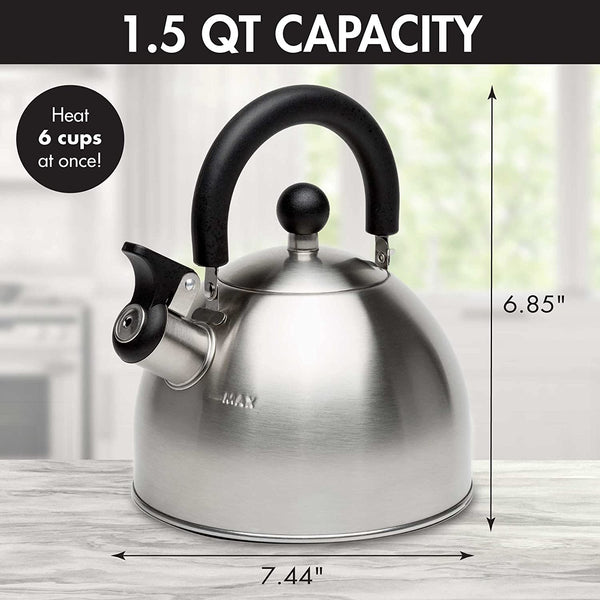 Stewart Whistling Tea Kettle for Stovetop, Stainless Steel Stove Top Kettle with Fast Boil Whistling Spout and Cool Touch Folding Handle, 1.5-Quart, Brushed Silver with Black Handle3