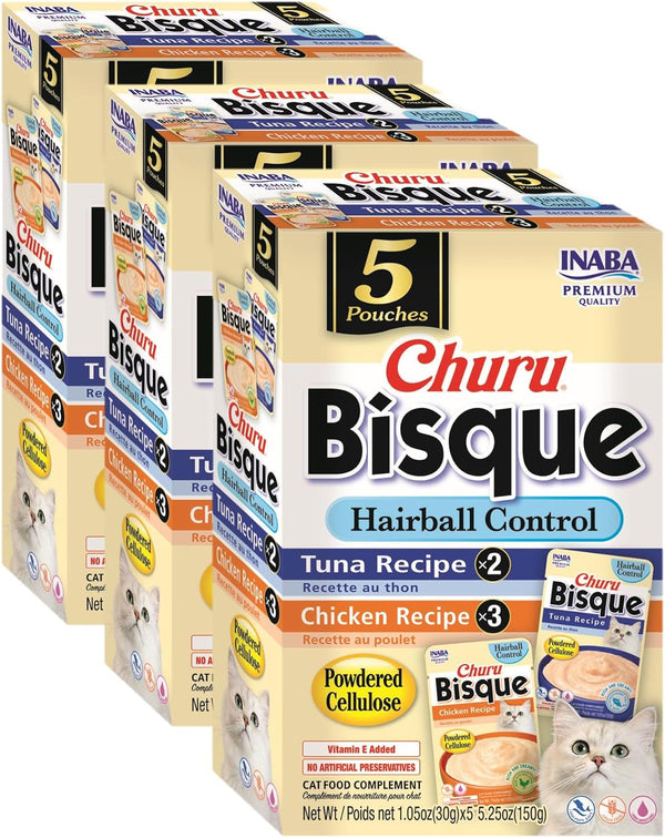 INABA Churu Bisque Indoor Care for Hairball Control for Cats, Creamy Lickable Purée Side Dish with Vitamin E, 1.05 Ounce Pouch, 15 Pouch, Tuna Recipe9