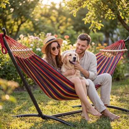 Double Hammock with Stand for 2 Person, 600 Lbs Heavy Duty Cotton Bed with Steel Stand, Free Standing for Outdoor Indoor Patio, Carrying Bag Included2