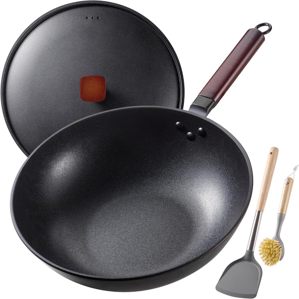 Carbon Steel Wok, 13" Woks & Stir-Fry Pans Nonstick with Lid | Pre-Seasoned Flat Bottom Chinese Wok, Wok Pan with Spatula and Dish Brush for Induction, Electric, Gas, All Stoves1