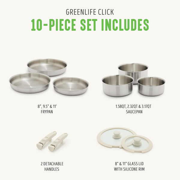 10 Piece Stainless Steel Pots and Pans, Detachable & Stackable Kitchen Set, Tri Ply Clad PFAS Free Cookware, Space Saving with Removable Handle, Induction & Oven Safe, RV Cookware, Glass Lid3
