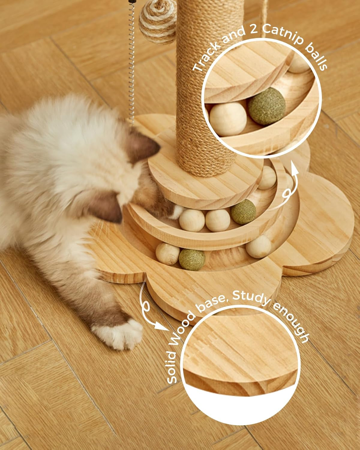 cat-scratching-post-for-kittens-4-in-1-wooden-cat-scratcher-toy-17-7-tall-scratch-post-with-2-level-cat-track-balls-interactive-feather-toy-and-2-sisal-hanging-balls-for-indoor-kittens