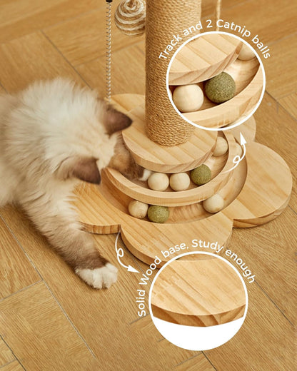 Cat Scratching Post for Kittens, 4 in 1 Wooden Cat Scratcher Toy, 17.7" Tall Scratch Post with 2 Level Cat Track Balls, Interactive Feather Toy and 2 Sisal Hanging Balls for Indoor Kittens3