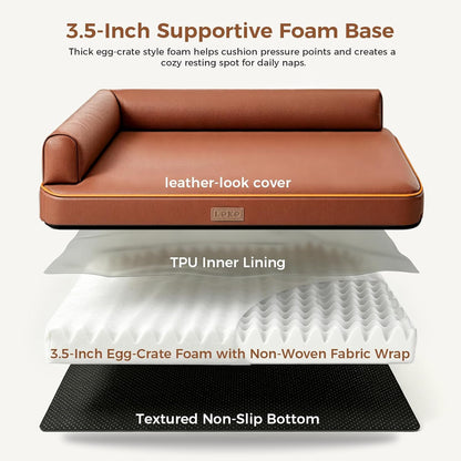 Outdoor Waterproof Dog Bed for Small Dogs, Egg Crate Foam Crate Pad with Raised Bolster, Removable Washable Leather-Look Cover, Non-Slip Bottom, Brown, for Dogs up to 20 In. Long3