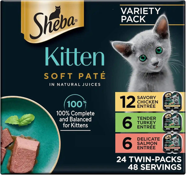 Sheba Perfect Portions Kitten Pate Wet Cat Food, Multipack, 2.6 Oz, 24 Ct | DHA for Brain Development, Vitamin E for Immunity, Real Meat, All Essential Amino Acids, Complete & Balanced, 48 Servings1