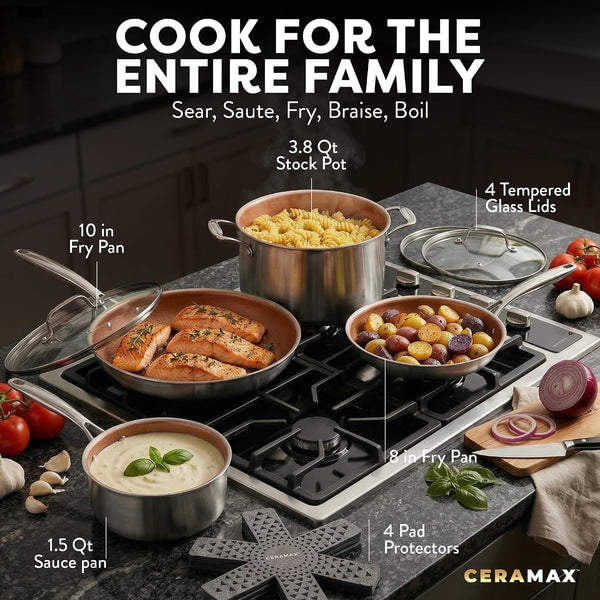 CERAMAX by  12 Pc Hybrid Tri Ply Stainless Steel Cookware Set | Pots and Pans Set Non Stick Pfas-Free Non Toxic, Tri-Ply, Metal Utensil Safe, Induction, Oven & Dishwasher Safe, Copper3