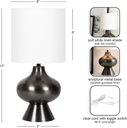 Bahira Modern Metal Bedside Table Lamp, 8 X 8 X 17, Gunmetal, Sculptural Decorative Tabletop Desk Lamp with Linen Shade for Living Room Decor2