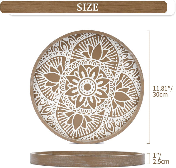 round Boho Decorative Tray for Coffee Table, Vintage Mandala Pattern | 11.8" Mid-Century Modern Farmhouse Decor for Living Room Kitchen Dining Table Centerpieces5