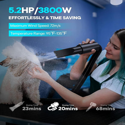 EGFKI Dog Dryer, 5.2HP/ 3800W Pet Grooming High Velocity Force Blower with 4 Nozzles, Adjustable Speed and Temperature Dog Hair Dryers for Grooming2