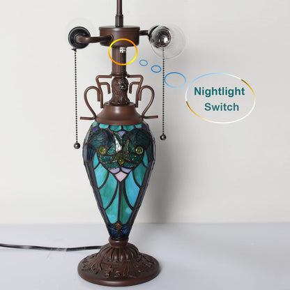 Tiffany Lamp 16" Cyan Green Stained Glass Table Lamp for Living Room | 3-Lights Victorian Style Turquoise Nightstand Bedside Desk Lamp with Nightlight for Bedroom Office W16" X H23"8