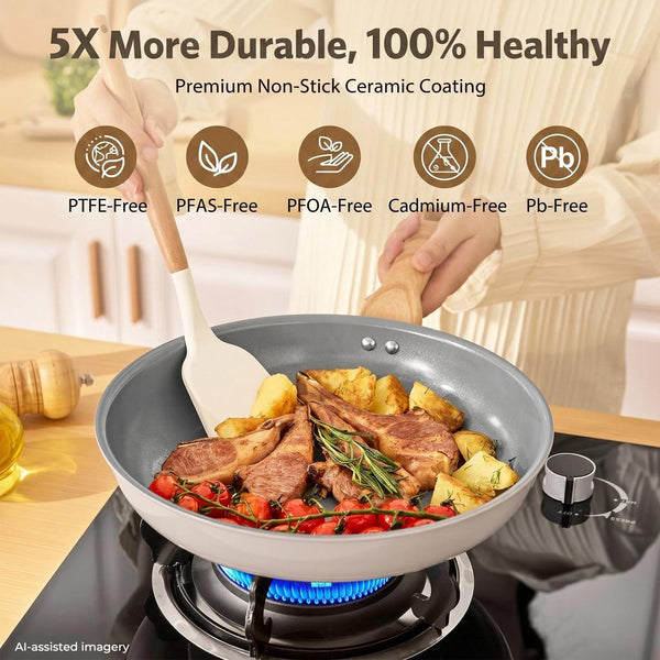 Non Stick Frying Pan Set with Lids, 5 Pcs Ceramic Nonstick Skillets | Non Toxic Pans Pfas-Free, Molecular-Bonded Seamless Induction Base, 30% Faster Heating, Works on All Stoves, 8", 9.5", 11"6