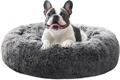 JOLLYVOGUE Small Dog Bed, Calming Dog Beds for Small Dogs & Indoor Cats - 20 Inches Donut Washable Cat Bed for Kittens & Puppies, round Fluffy Plush Faux Fur Pet Beds(Smoke Grey)16