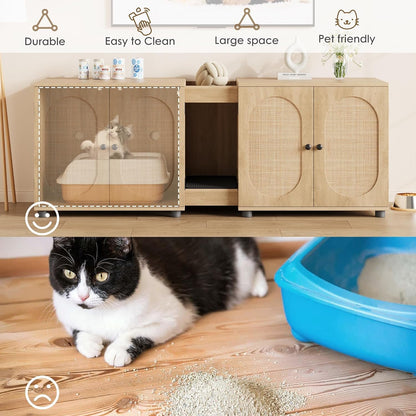 Garvee 55.1" Double Litter Box Enclosure, Boho Cat Box Furniture for 2 Cats, Cat Litter Box Furniture Hidden with Cat Scratch Pad, Large Indoor Pet House with Double Room, Wood Color | Double Room Design, Fits Most Litter Boxes, Built in Litter Mat, Double Roller Latch, Storage Cubby, Ventilated Cabinets6