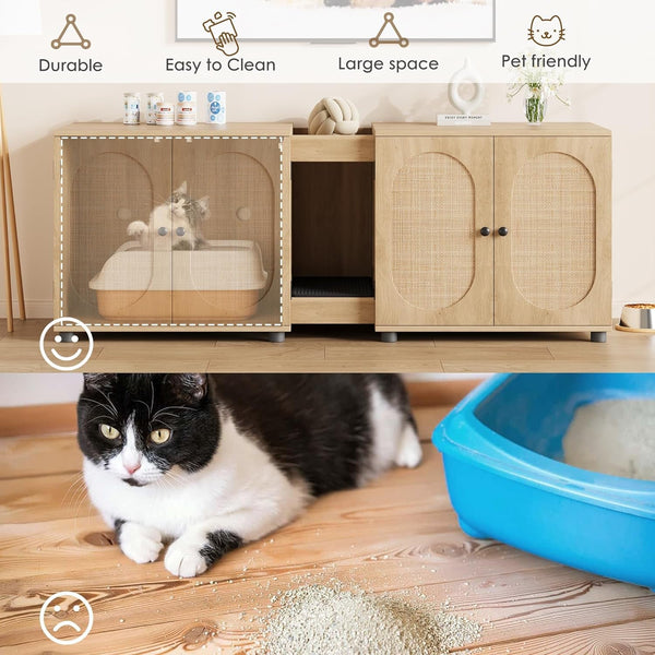 Garvee 55.1" Double Litter Box Enclosure, Boho Cat Box Furniture for 2 Cats, Cat Litter Box Furniture Hidden with Cat Scratch Pad, Large Indoor Pet House with Double Room, Wood Color | Double Room Design, Fits Most Litter Boxes, Built in Litter Mat, Double Roller Latch, Storage Cubby, Ventilated Cabinets6