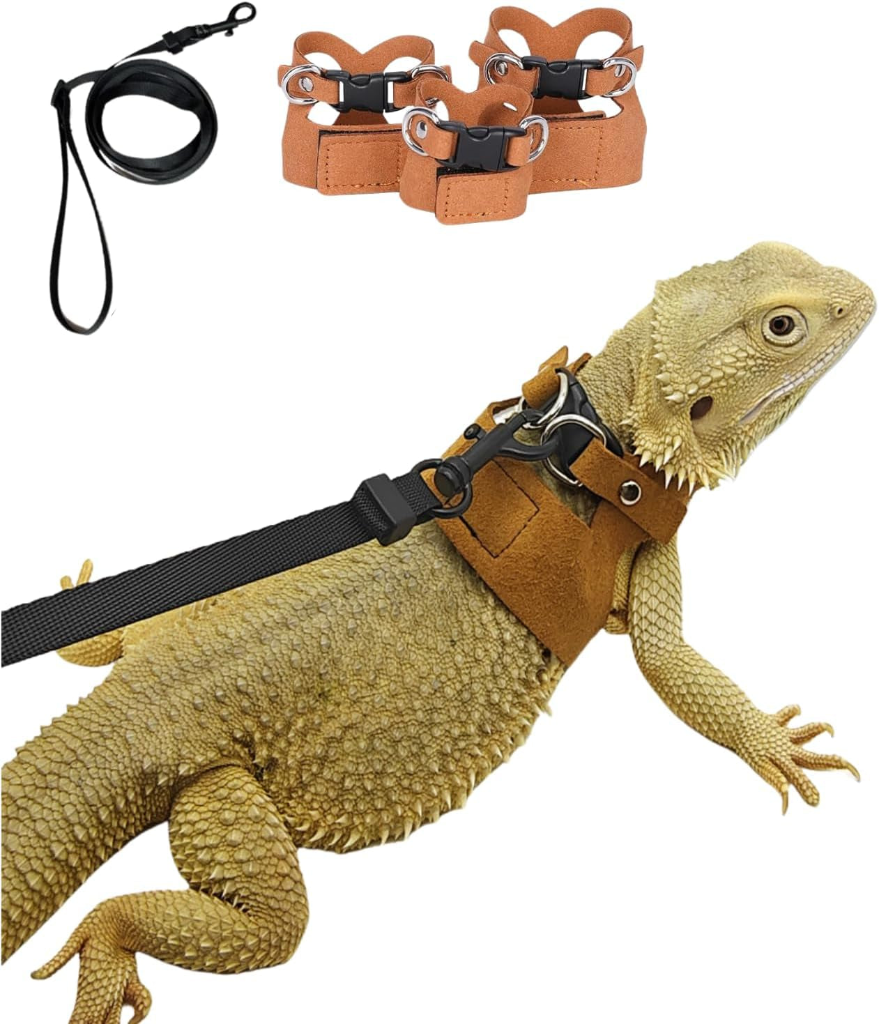3-pack-bearded-dragon-harness-and-leash-set-adjustable-soft-leather-lizard-harness-leash-small-animal-traction-rope-training-walking-vest-accessories-for-reptile-squirrel-rat-brown