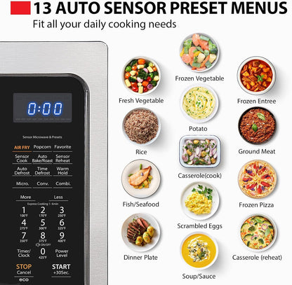 4-In-1 Microwave Oven with Air Fryer Combo, 1.5 Cu.Ft, 1000W | Smart Sensor, Convection, Mute Function, Position Memory Turntable, Countertop Use, Silver4
