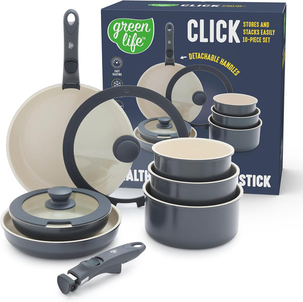10 Piece Nonstick Pots & Pans Set, Detachable Handle & Stackable Cookware Set, Non Toxic Pfas-Free Skillets, Induction Kitchen Pans, Space Saving, Serving Bowls, Oven Safe, Graphite1