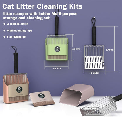 Cat Litter Scooper with Holder, Metal Litter Scoop Includes Portable Small Broom and Dustpan Set, Heavy Duty Stainless Steel Litter Scoop with Coarse and Fine Grid, Quick Sift and Easy Clean6
